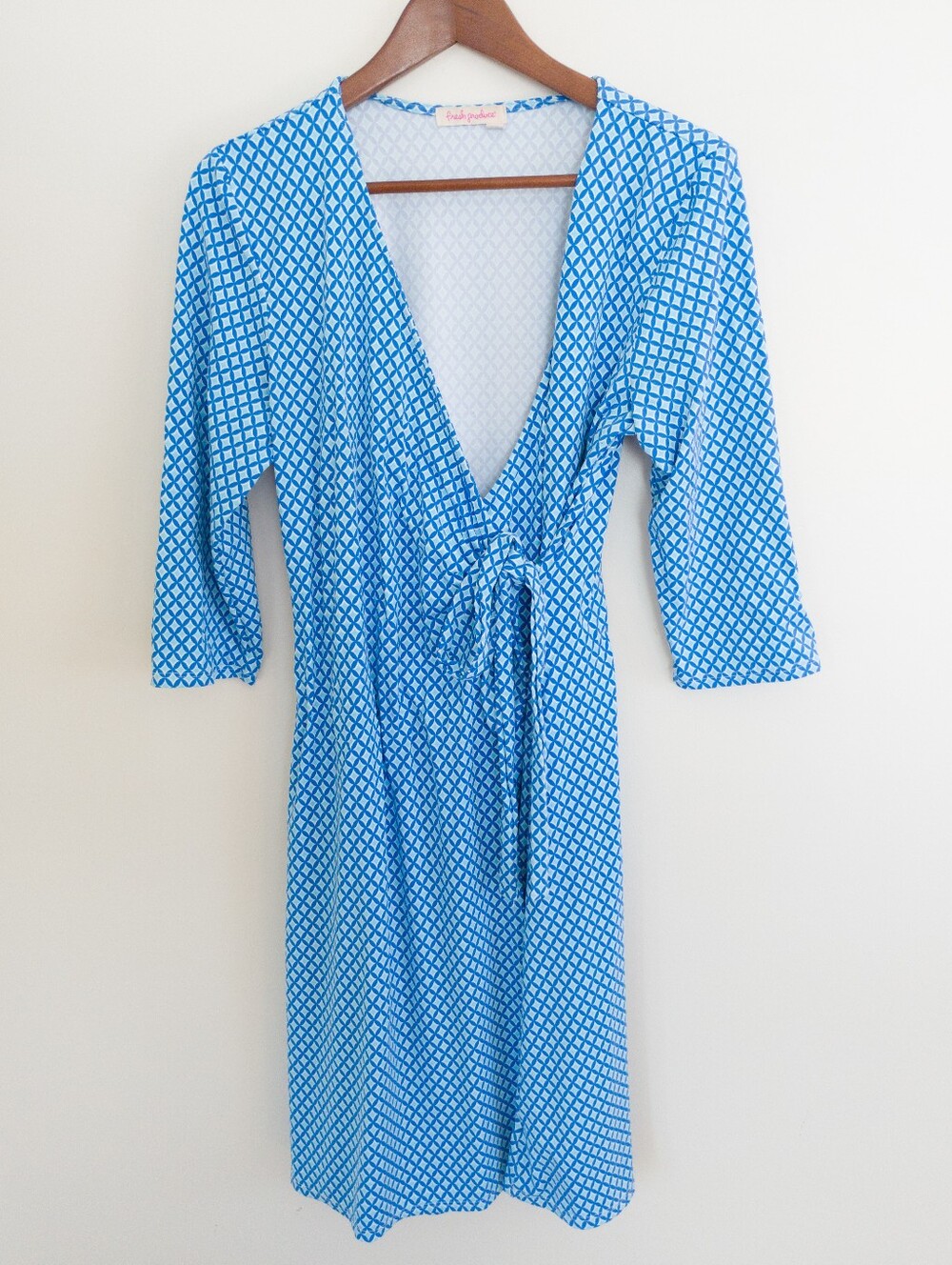 Fresh Produce Blue Geometric Tile Wrap Dress Large Resort Stretch USA